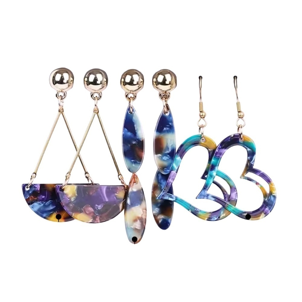 3-Pair Marbled Acrylic Statement Earrings – Hearts, Drops & Geometric Arcs